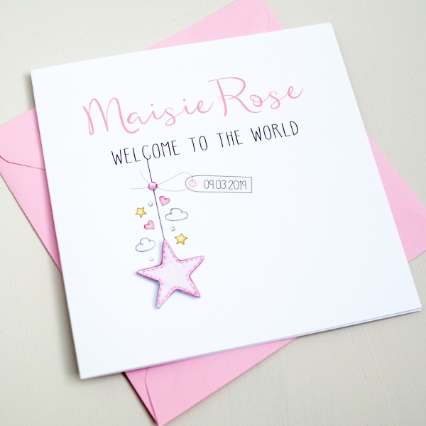 Handmade Personalised Baby Girl Card - Welcome to the World Card - Star